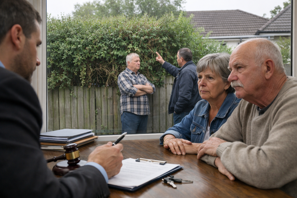 Couple âgé assis, personne avec dossier, voisins discutent