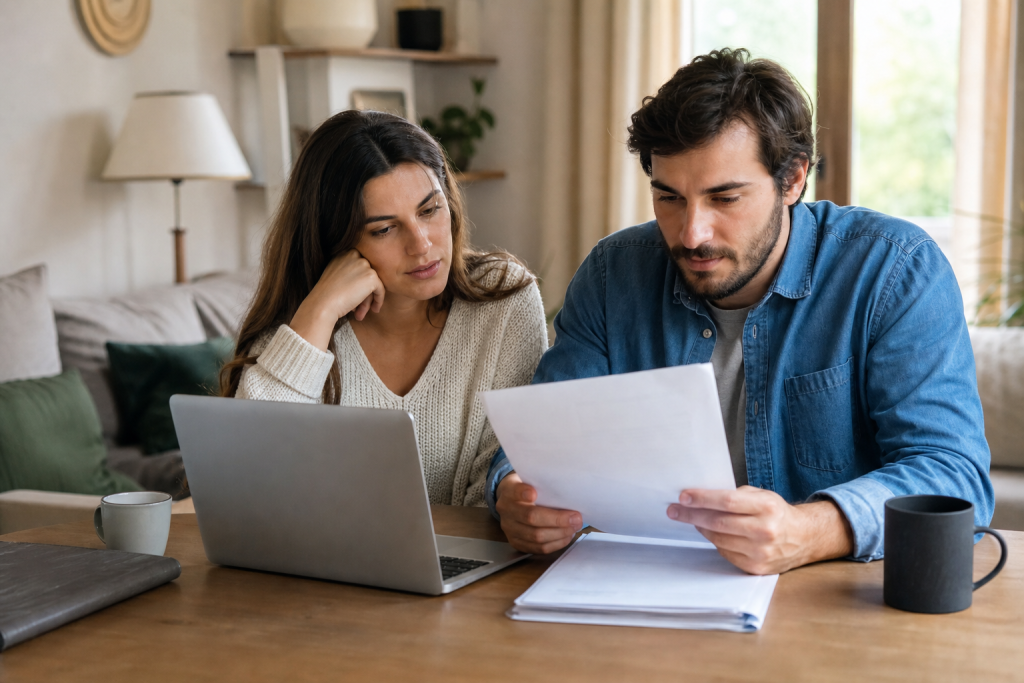 Couple examinant des documents près d'un ordinateur portable