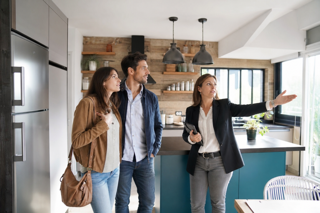 Agent immobilier faisant visiter une cuisine moderne à un couple