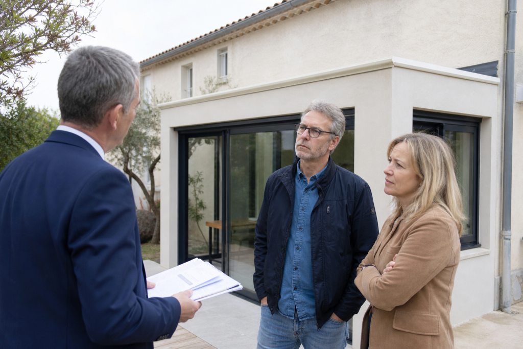 Agent immobilier montrant des documents à un couple