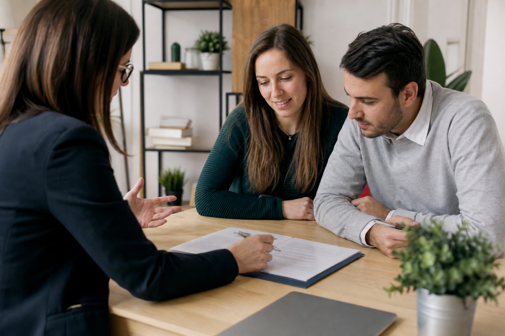 Couple et conseillère examinant un contrat
